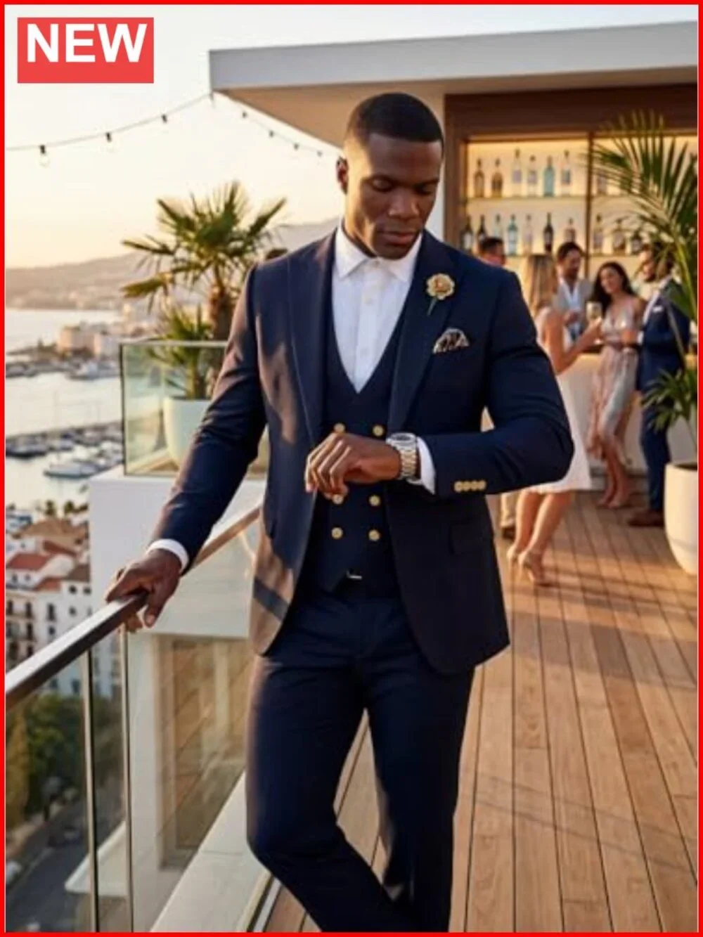 Men's 3 Piece Slim Fit Tuxedo Suit Set Blazer Vest Pants Gold Button